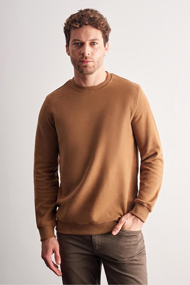Brown Long Sleeve Crew Neck Plain Cotton Comfort Fit Sweatshirt 1013255150