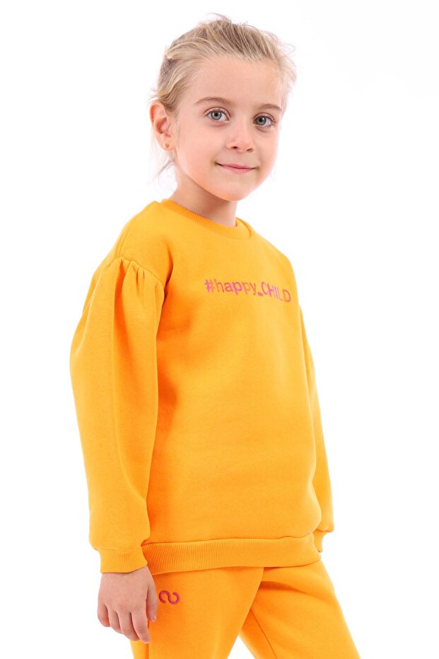 Girl's Oversize Crew Neck Gathered Balloon Sleeve Printed Sweatshirt - 3 Thread Rastered