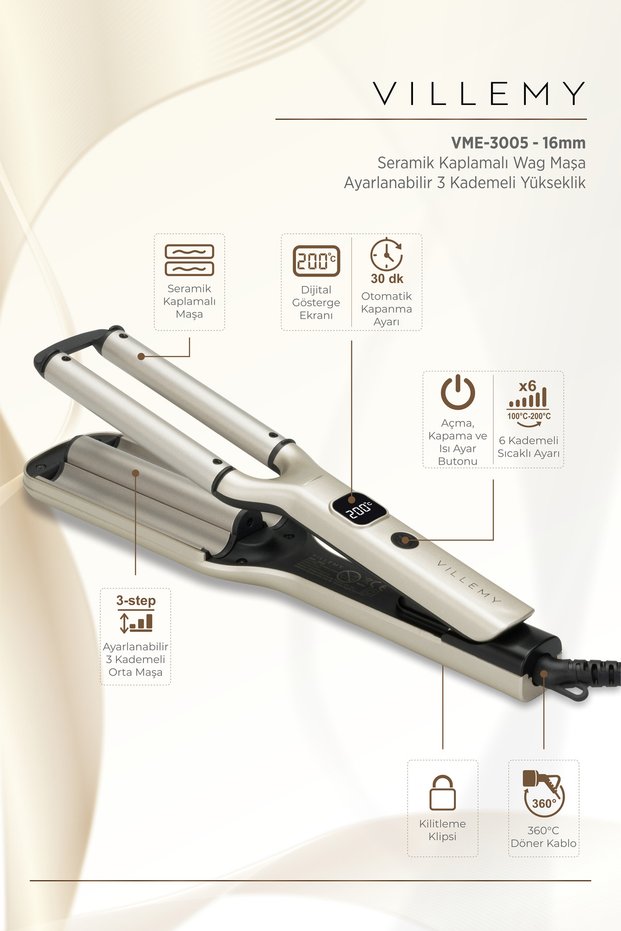16 mm Ceramic Coated Wag Hair Curler – 3 Setting Professional Wave -Vme-3005