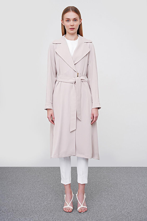 Double-Breasted Collar Belted Waist Giy Çık Beige 13490