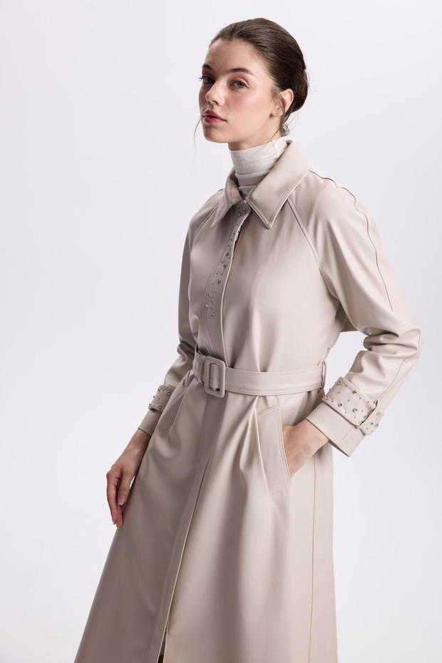 Leather Stone Trench Coat - with Sleeve Detail and Belt 13518