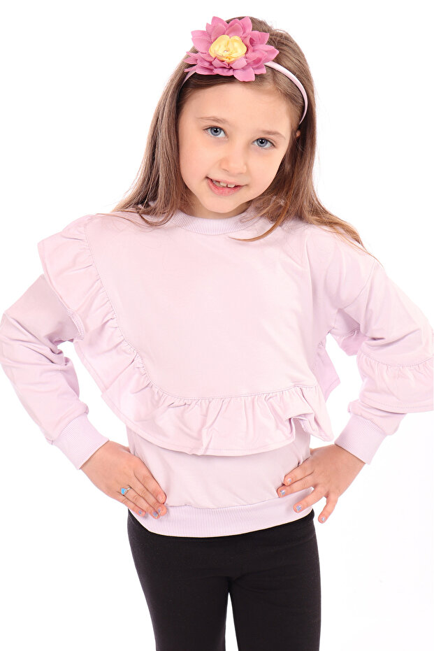 Girl's Oversize Crew Neck Drop Shoulder Asymmetrical Sweatshirt - Ruffle Detail & 2 Strands