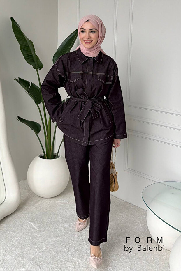 Comfortable Cut, Tie-Detail, Hijab-Friendly Women's Denim Suit 1165 – Form Series