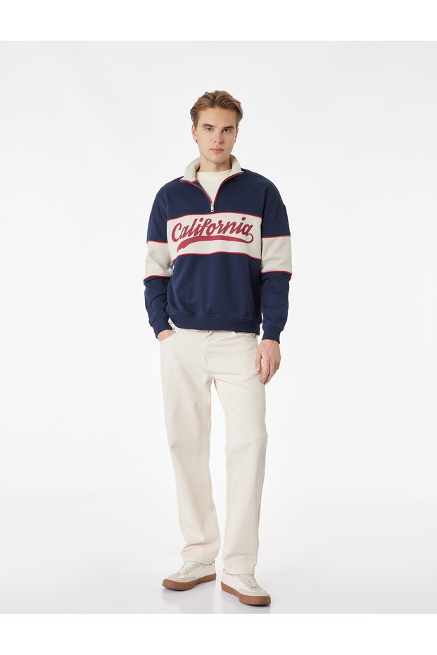 Oversize Color Block College Printed Half-Zip Sweatshirt