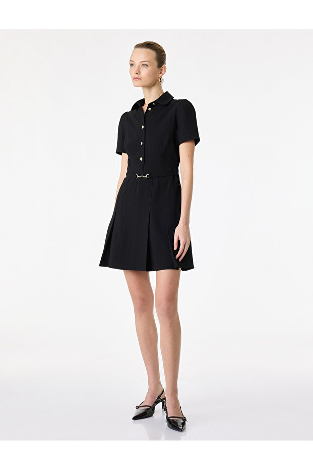 Slim Fit Short Sleeve Shirt Collar Buttoned Mini Dress with Metal Accessories