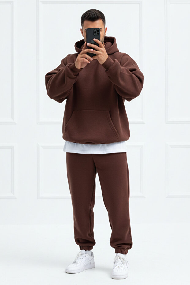 Men's Soft Textured Oversized Kangaroo Pocket Hooded Tracksuit Set - Home Wear