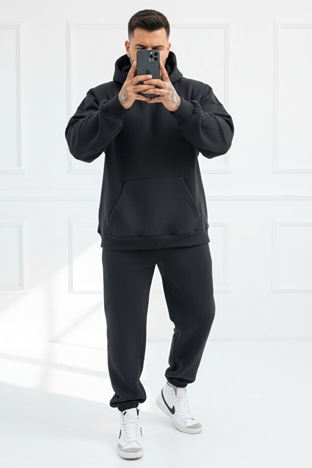 Men's Soft Textured Oversized Kangaroo Pocket Hooded Tracksuit Set - Home Wear
