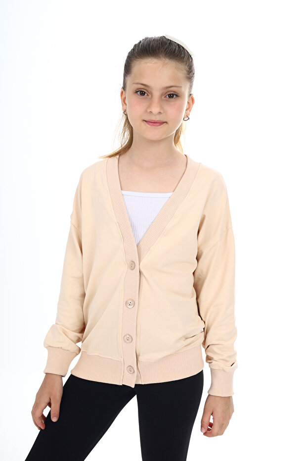 Girl's V-Neck Buttoned Off-Shoulder Knitted School Cardigan - 2 Yarns