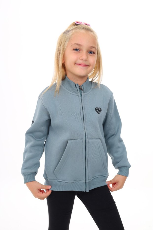 Girl's Mock Neck Zippered Pocket Embroidery Printed Knitted Cardigan - 2 Thread Raised Embroidery
