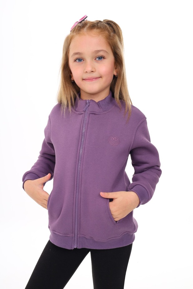 Girl's Stand Collar Zippered Half Off-Shoulder Knitted Cardigan - 2 Yarn Threaded