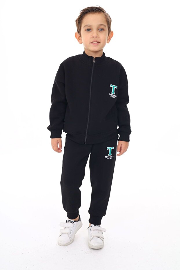 Boy's 2-Piece Set Printed Stand Collar Zippered Sweatshirt & Elastic Waistband with Pockets Jo
