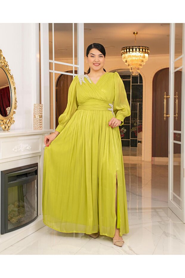 Lioren - Drapeli Stone Detailed Plus Size Evening Dress - Olive Green