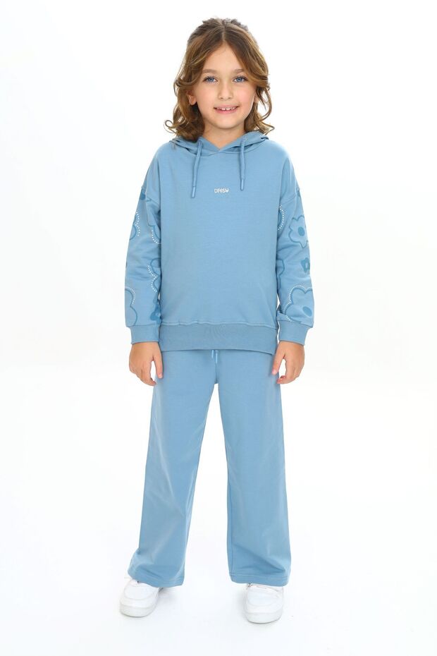 Girl's 2-Piece Set: Printed Hooded Sweatshirt with Slits & Elastic Waist Wide-Leg Pants