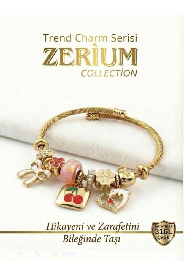 Modern Steel Stylish Women's Charm Steel Bracelet Bow Cherry and Dolphin Love Gold