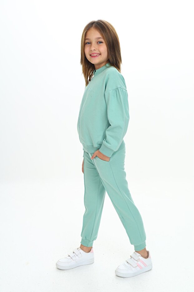 Girl's 2-Piece Set Embroidered Printed Stand Collar Zippered Sweatshirt & Ribbed Cuff with Pocket