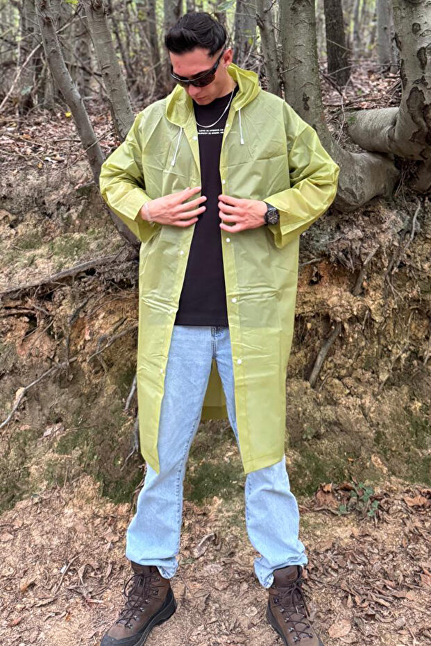 Unisex Water Windproof Foldable Hooded Snap Button Eva Green Raincoat