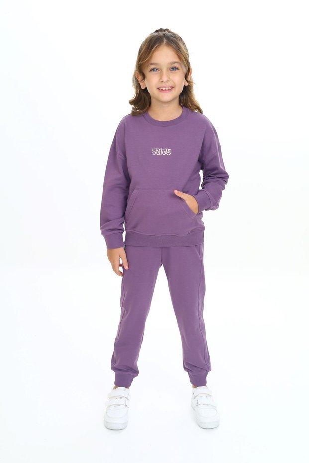 Girl's 2-Piece Set Embroidered Printed Crew Neck Sweatshirt with Pockets & Ribbed Waistband Joggers