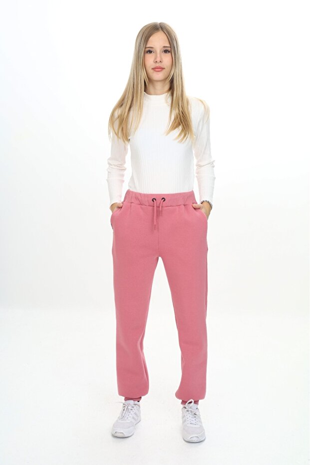 Girl's Embroidery Printed Waistband Ribbed Cuffs with Pockets Basic Jogger Sweatpants 3 Yarns Ribbed