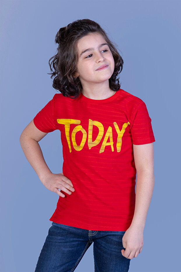 Boy's Printed Crew Neck Short Sleeve Striped T-Shirt