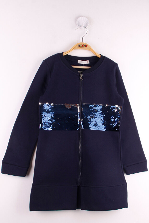 Girls' College Collar Zippered Sequin Embroidery Printed Knitted Cardigan - 2 Thread Raised