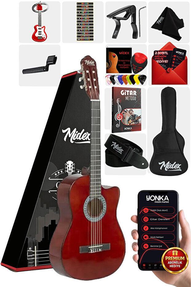 Midex CG-395BR Kahve Renk Kesik Klasik Gitar 4/4 Yetişkin Boy Sap Ayarlı Full Set