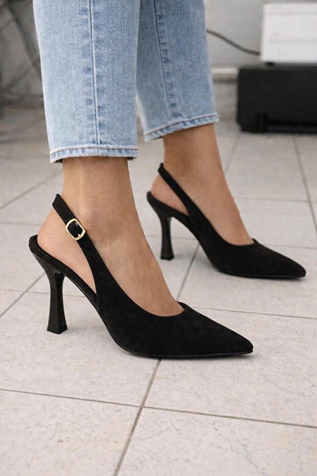 Lölük Moda Kadın Siyah Süet Tokalı Sivri Burun Şık Topuklu Stiletto Ayakkabı