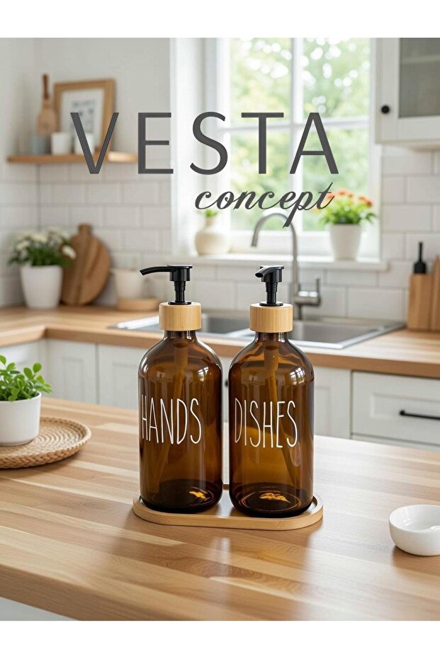 Double Glass Liquid Soap Dispenser with Natural Bamboo Stand - Kitchen Detergent Dispenser and Soap Dispenser Set