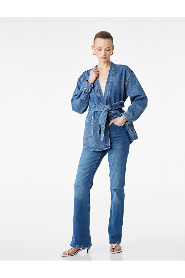 Slim Fit High Waist Cotton Spanish Flare Denim Trousers - Flare Jeans