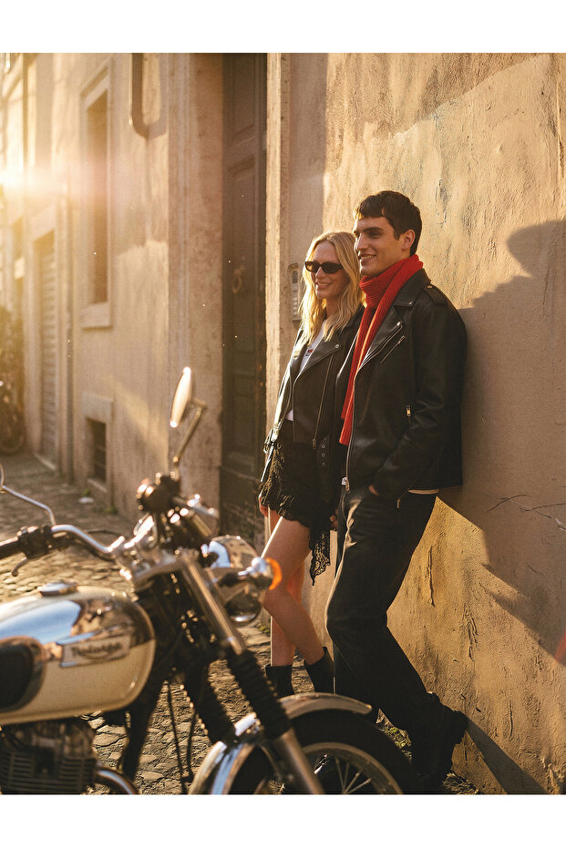 Double-Breasted Faux Leather Biker Jacket with Lapel Pocket Detail and Long Sleeves