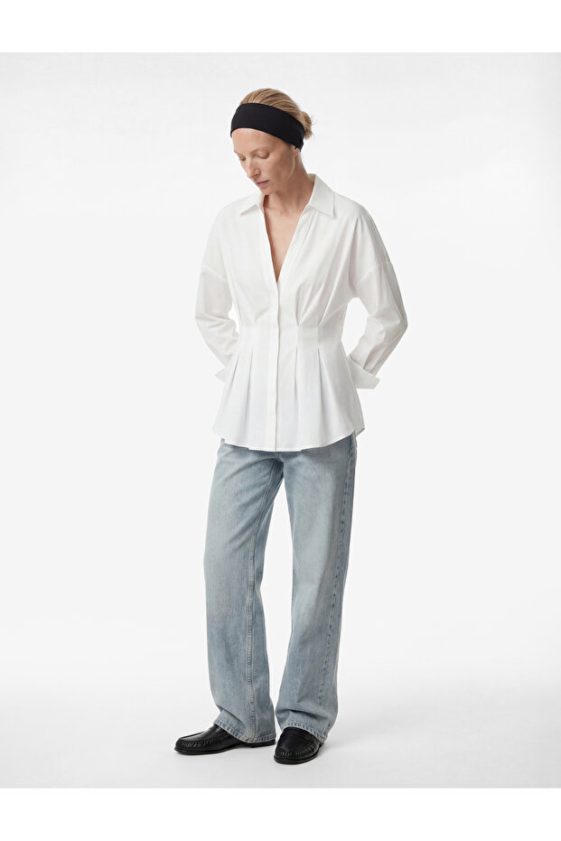 Cotton Long Sleeve Poplin Shirt with Pleated Detail