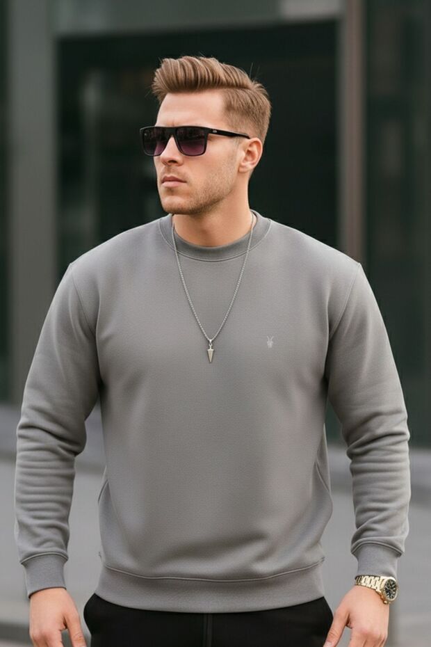Gri Renk Basic Bisiklet Yaka Relaxed Regular Erkek Sweatshirt - 6