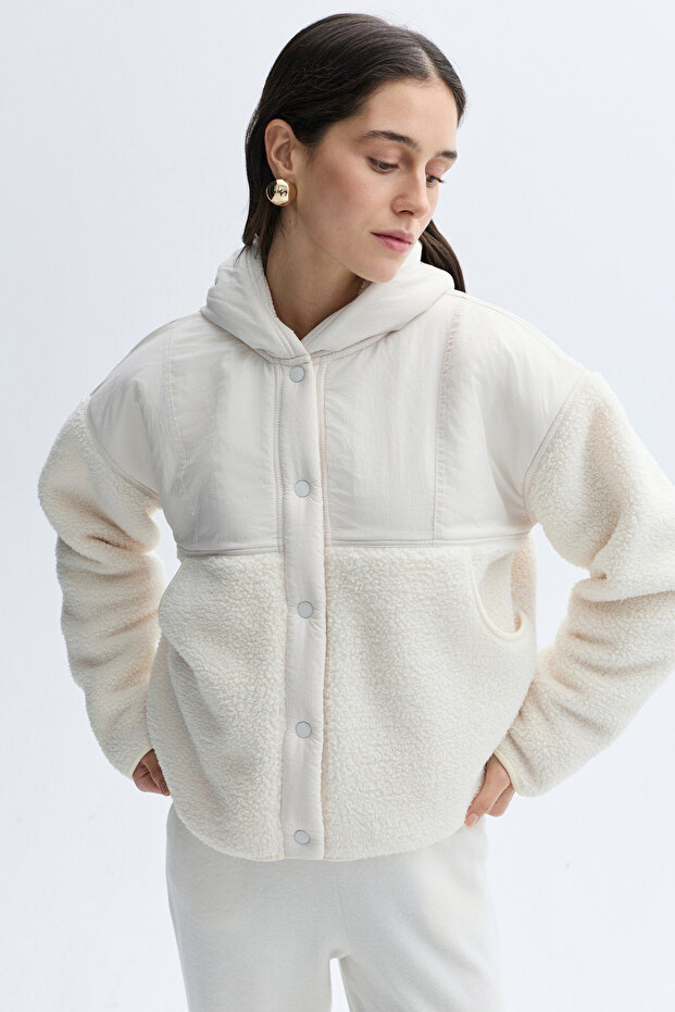 Women's Ecru Plush Detailed Oversized Bomber Jacket