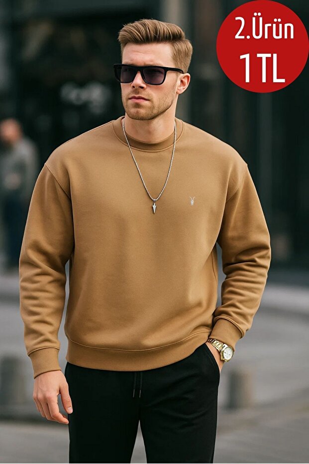 Karamel Renk Basic Bisiklet Yaka Relaxed Regular Erkek Sweatshirt - 1