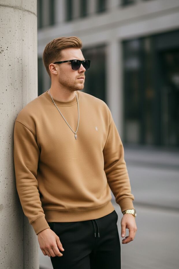 Karamel Renk Basic Bisiklet Yaka Relaxed Regular Erkek Sweatshirt - 4
