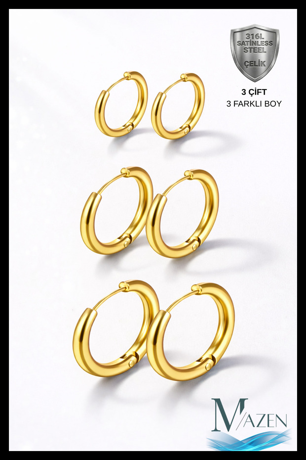 316L Steel Set Hoop Earrings | Gold Color | 6 Pieces in 3 Different Sizes | Anti-Allergic