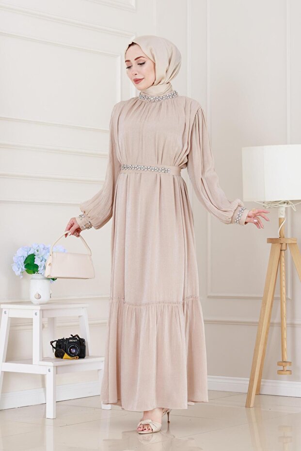 Taş İşlemeli Simay Abiye-Bej - 2