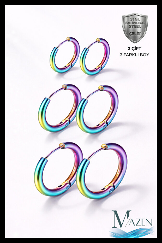 316L Steel Hologram Neon Hoop Earring Set | 6 Pieces | 3 Different Sizes