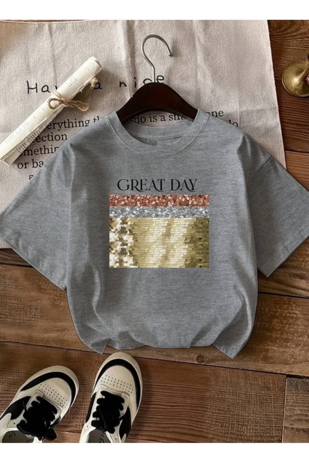 Women's Gold Sequin Embroidered Printed Crew Neck Gray T-Shirt