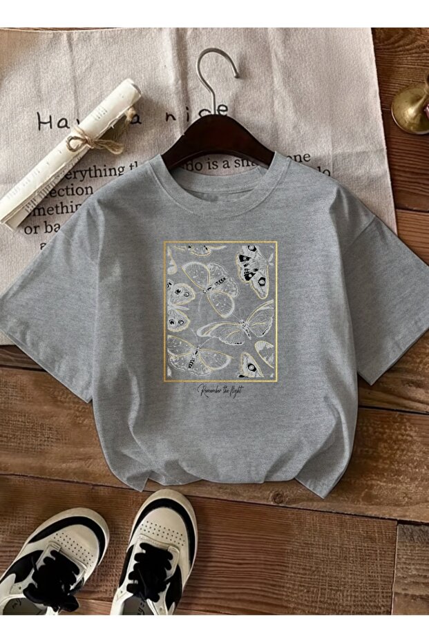 Women's Gold Framed Butterfly Patterned Gray T-Shirt