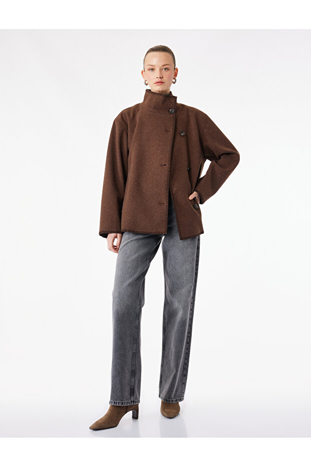 Long-sleeved, button-down, oversized cashmere jacket with shepherd's stitch detail and funnel collar.