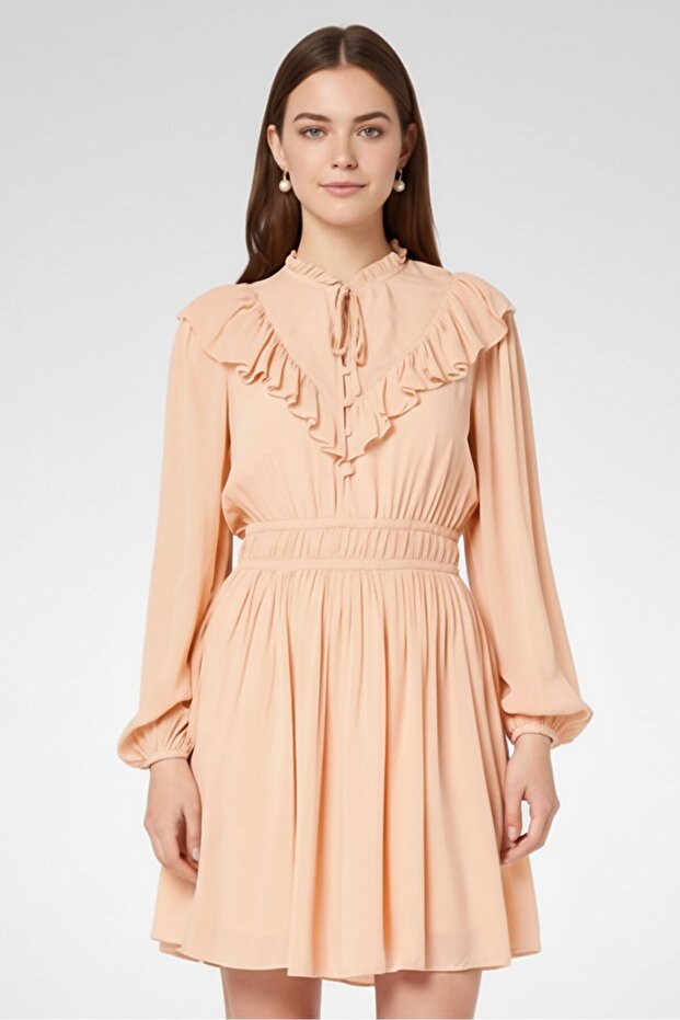 Women Ruffle Detail Mini Dress, Peach