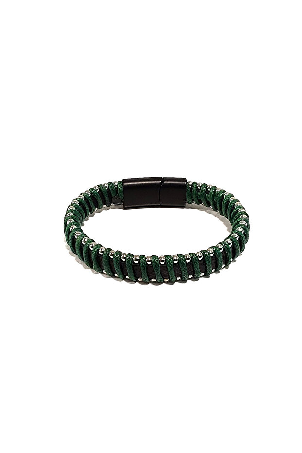 Forest Shield Black Green Genuine Leather Men's Bracelet | Modern and Natural Contrast Design-1168