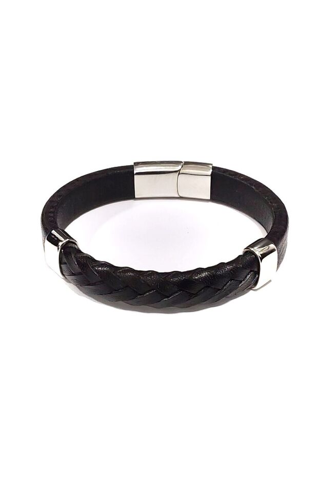 Steel Shadows Black Genuine Leather Braided Men's Bracelet-36