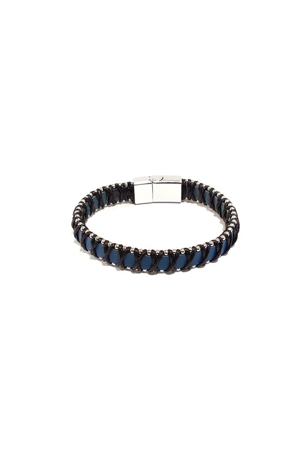 Navy Blue Leather with Black Thread Wrapped Men's Bracelet | Magnetic Metal Buckle Design