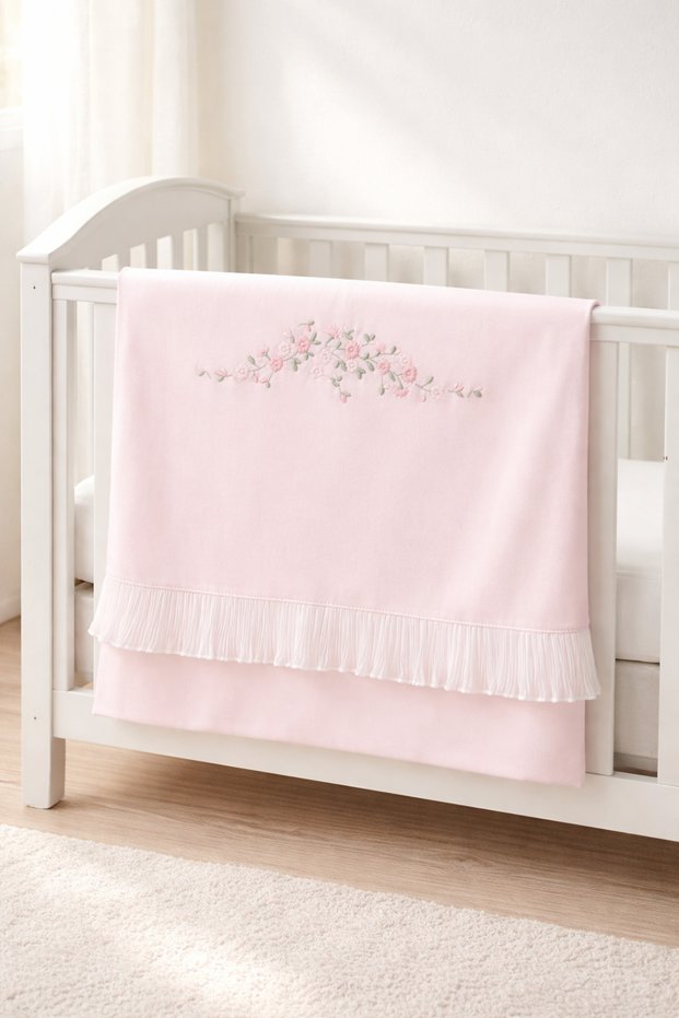 Floral Embroidered Pleated Detailed Organic Double Layer Baby Blanket 85X85 cm 100% Cotton Baby Girl