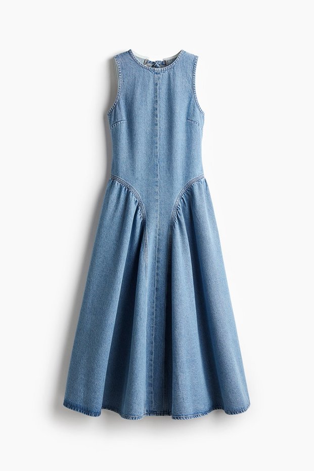 Women's Vintage Open-Back Waist-Fitted Denim Dress Blue