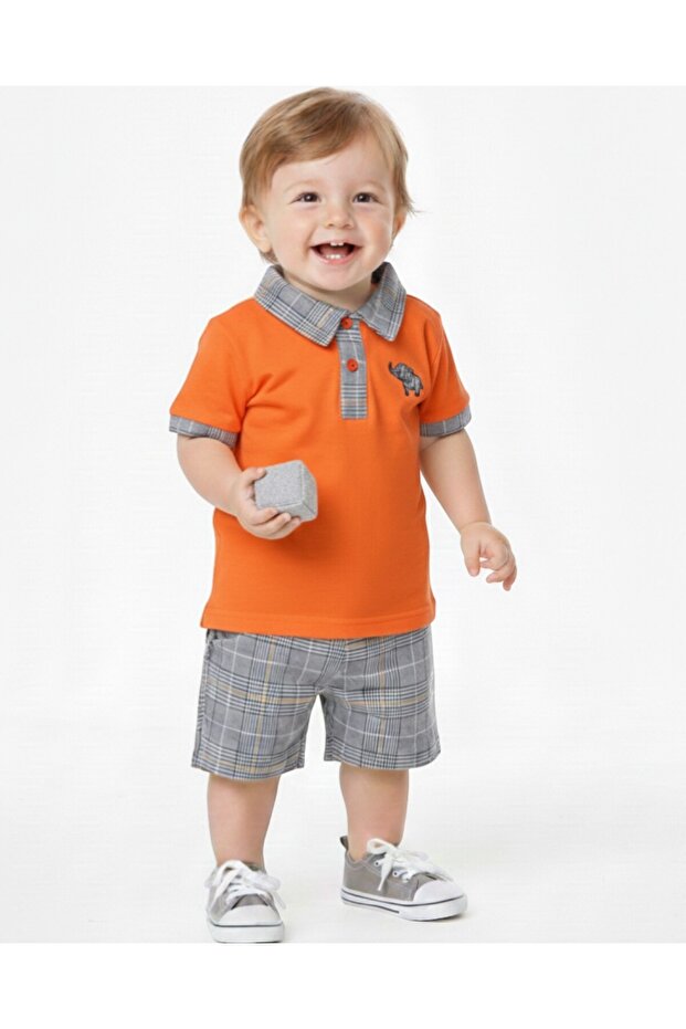 Baby Boy Polo Collar Elephant Embroidered Plaid Shorts Summer 6-9-12-18-24 Months Baby Set