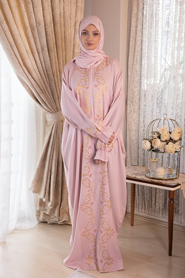 Women's Zip-Up One-Piece Leaf Embroidered Prayer Dress