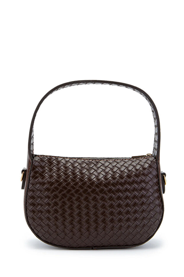Women's Bitter Brown Knit Patterned Baguette Leather Hand Knitted and Shoulder Bag Machine Knitted
