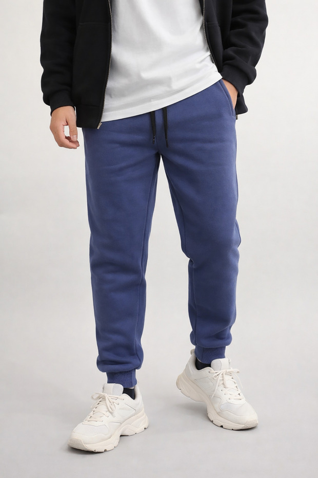 Men's Comfortable Fit Sweatpants Cotton Fleece-Lined Fabric Ribbed Waist Leg 3 Pockets Indigo